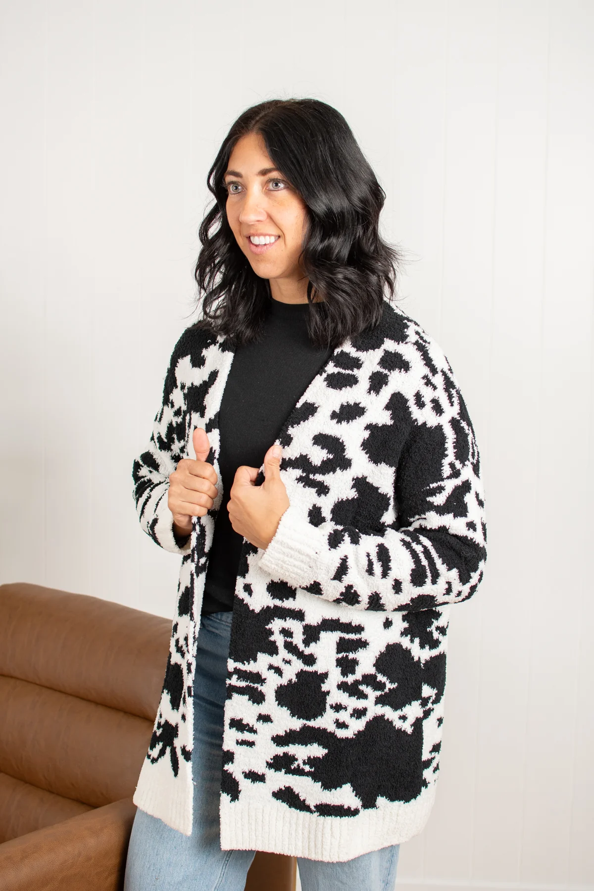Black Cow Print Luxe Cardigan - Image 4