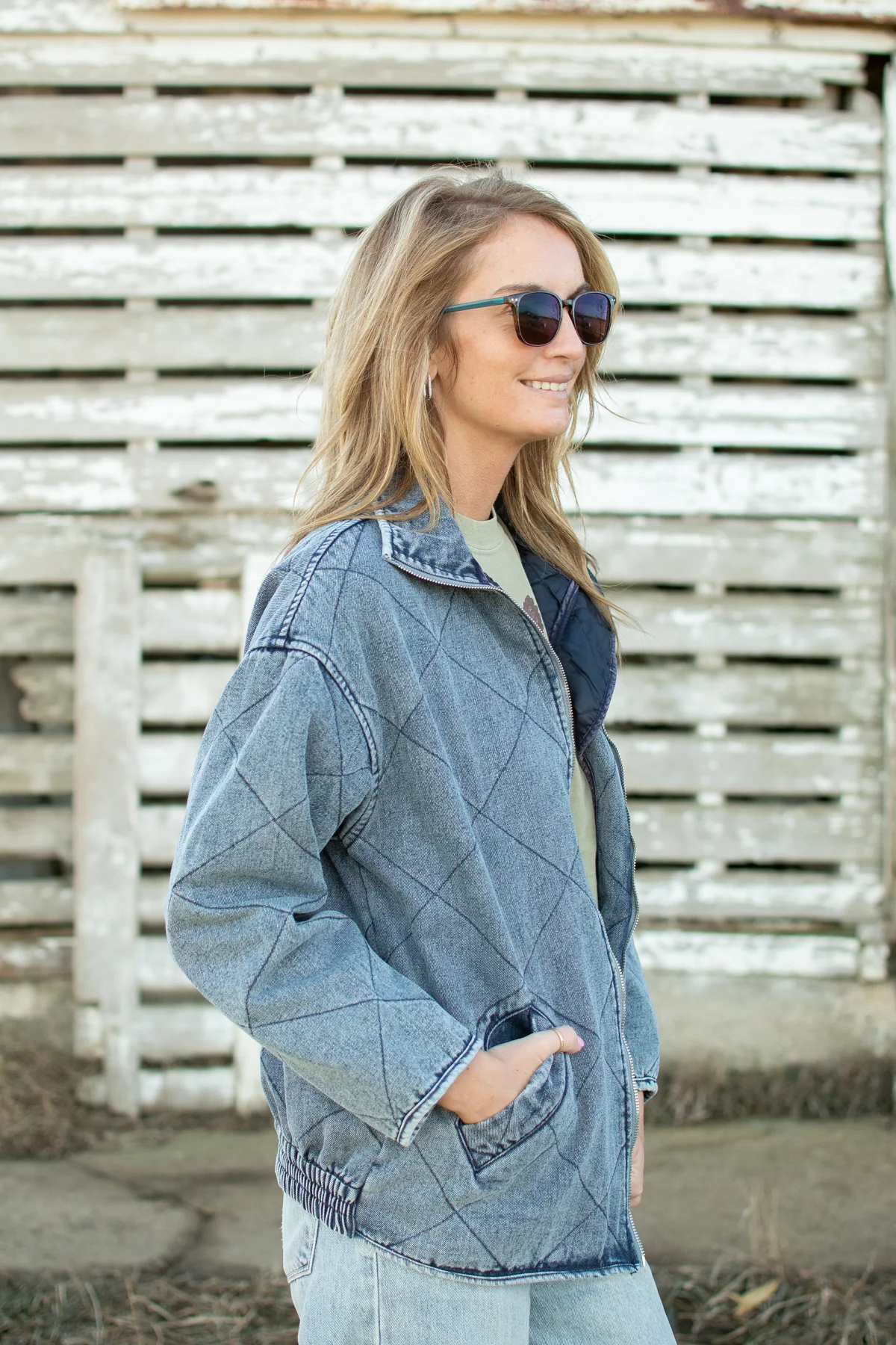 Blue Washed Quilted Zipper Denim Jacket - Image 3