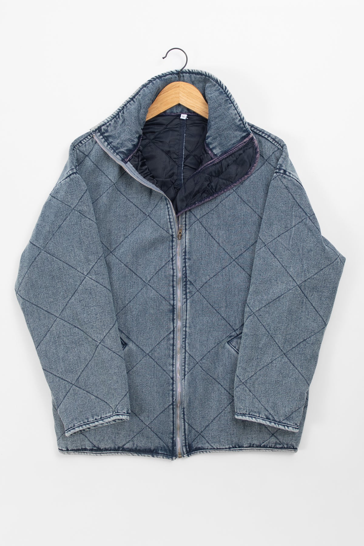 Blue Washed Quilted Zipper Denim Jacket - Image 7