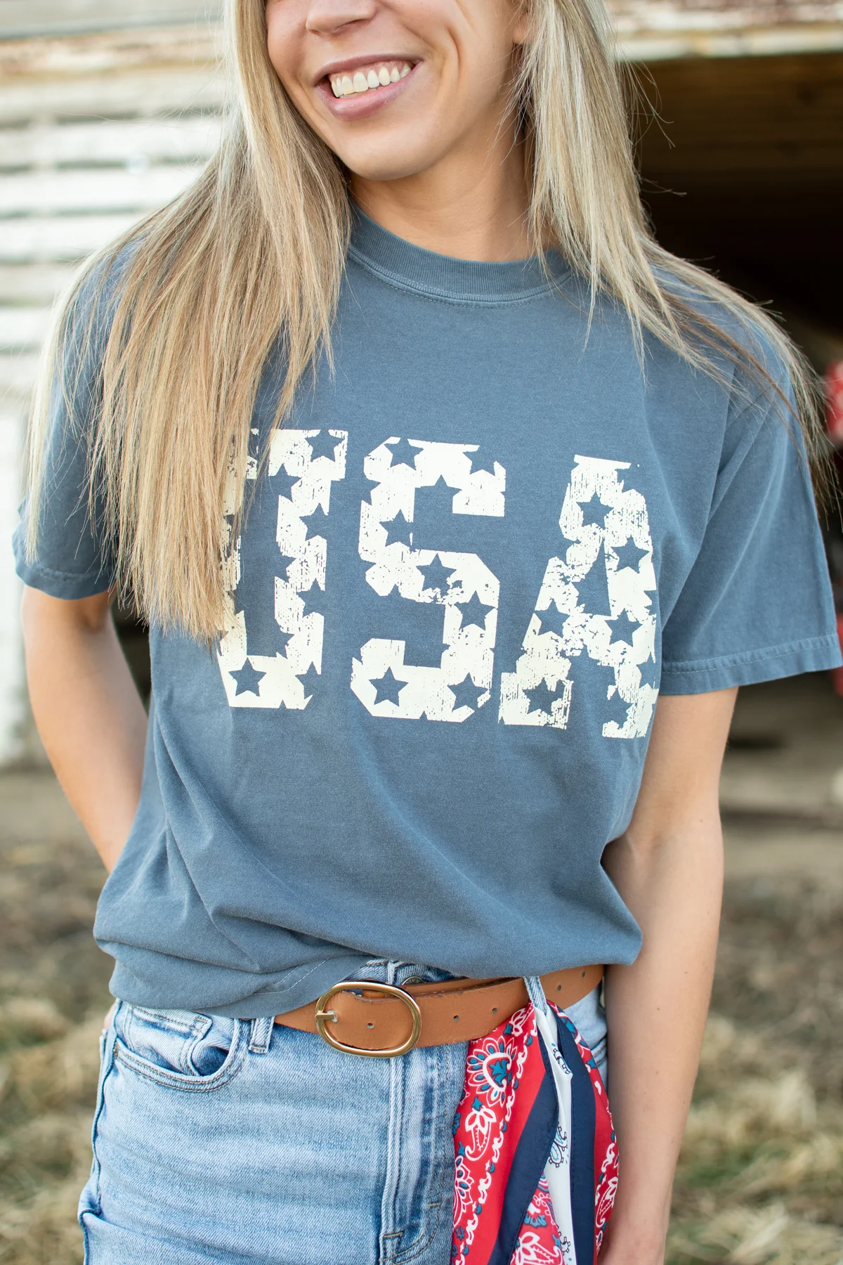 Distressed Cream 'USA' Washed Navy Tee - Image 2