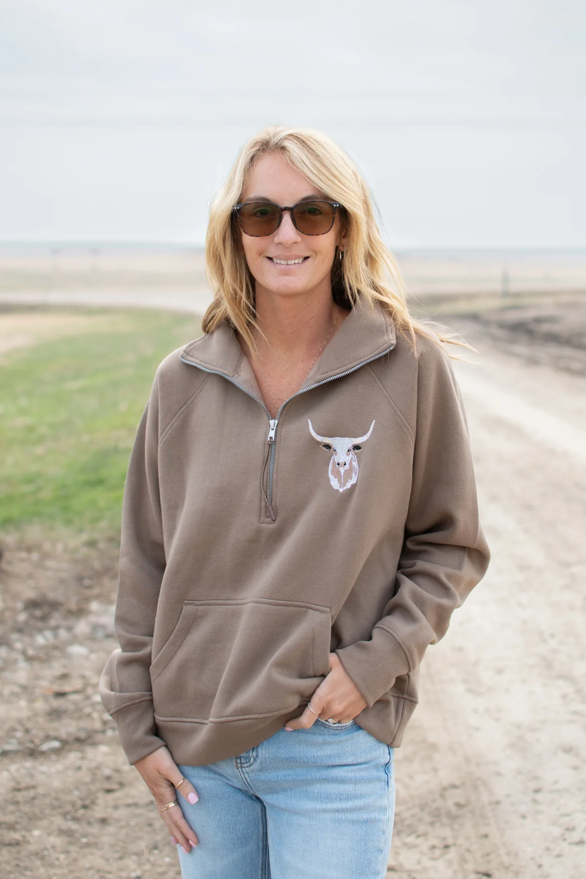 Embroidered Longhorn Brown 1/4 Zip - Image 3