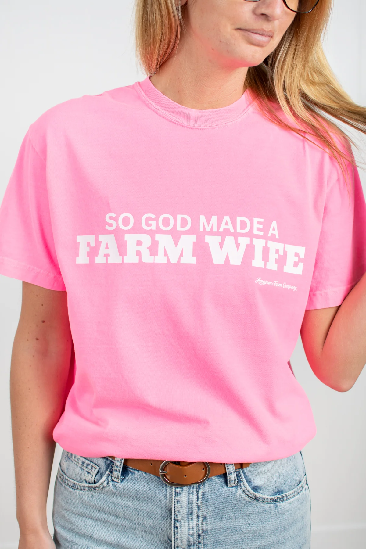 So God made a Farm Wife.' Neon Pink Tee - Image 3